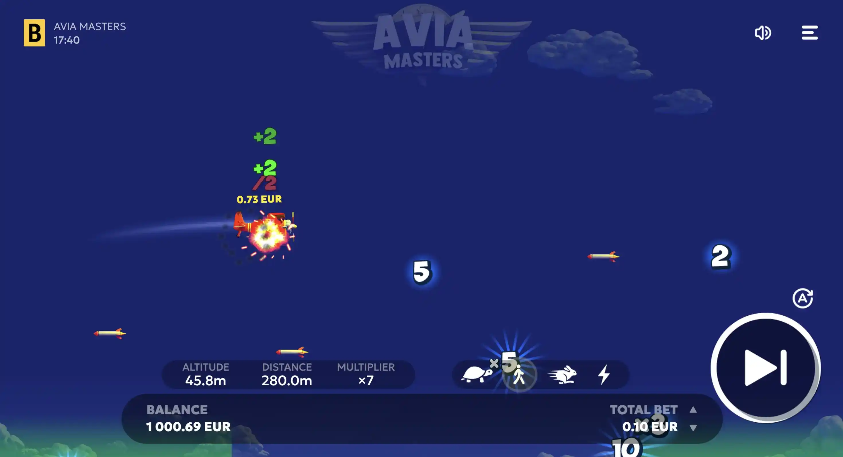 Interfaz de juego con multiplicadores y cohetes marcados